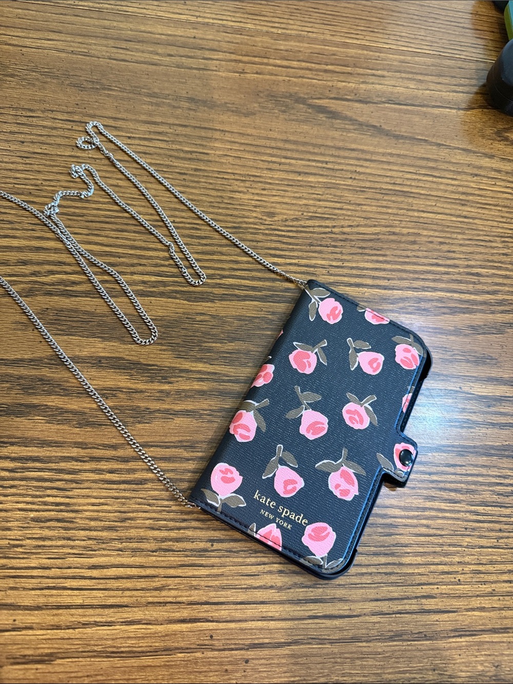 kate spade Black Floral Crossbody Phone Wallet with Pink Roses